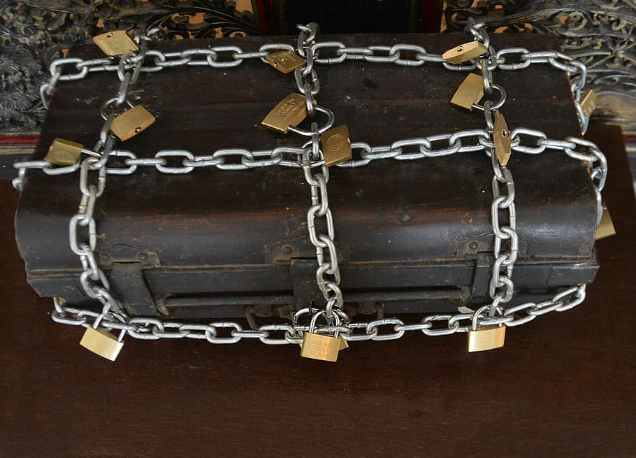 brown chest box, strong box, chains, locks, strength, padlock