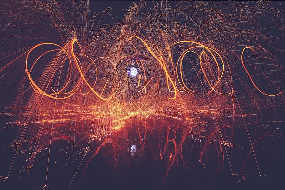 fire, lights, spark, flame, bonfire, firedance, people, man HD wallpaper