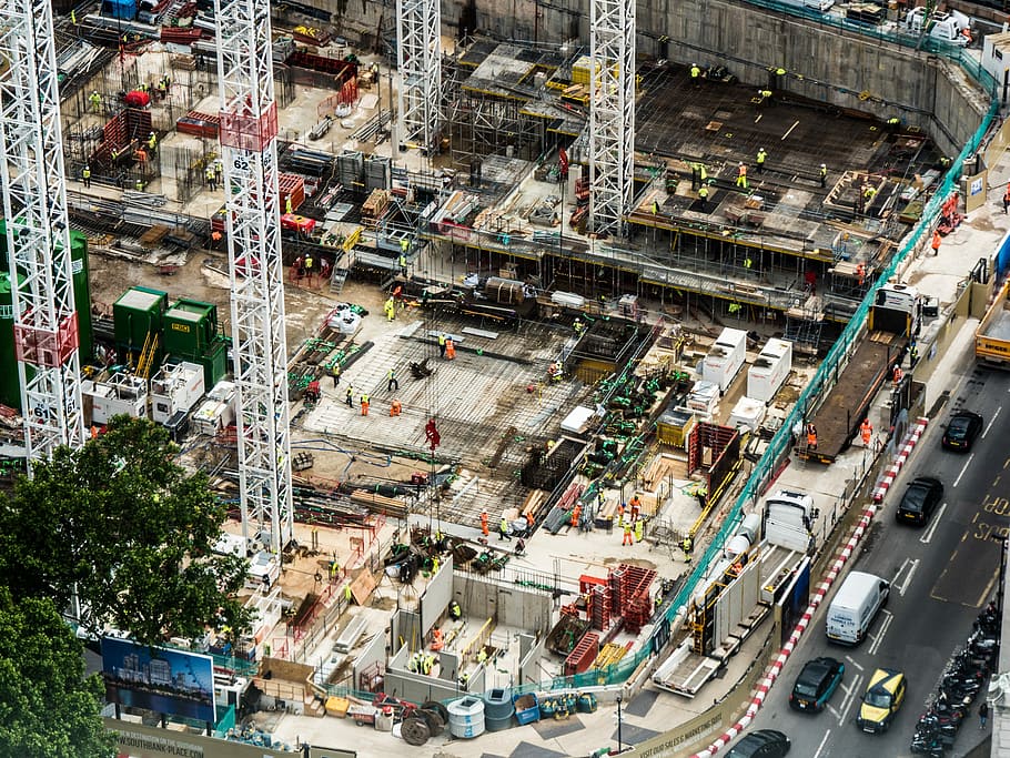 above view photo of unfinished structure with workers, aerial View HD wallpaper