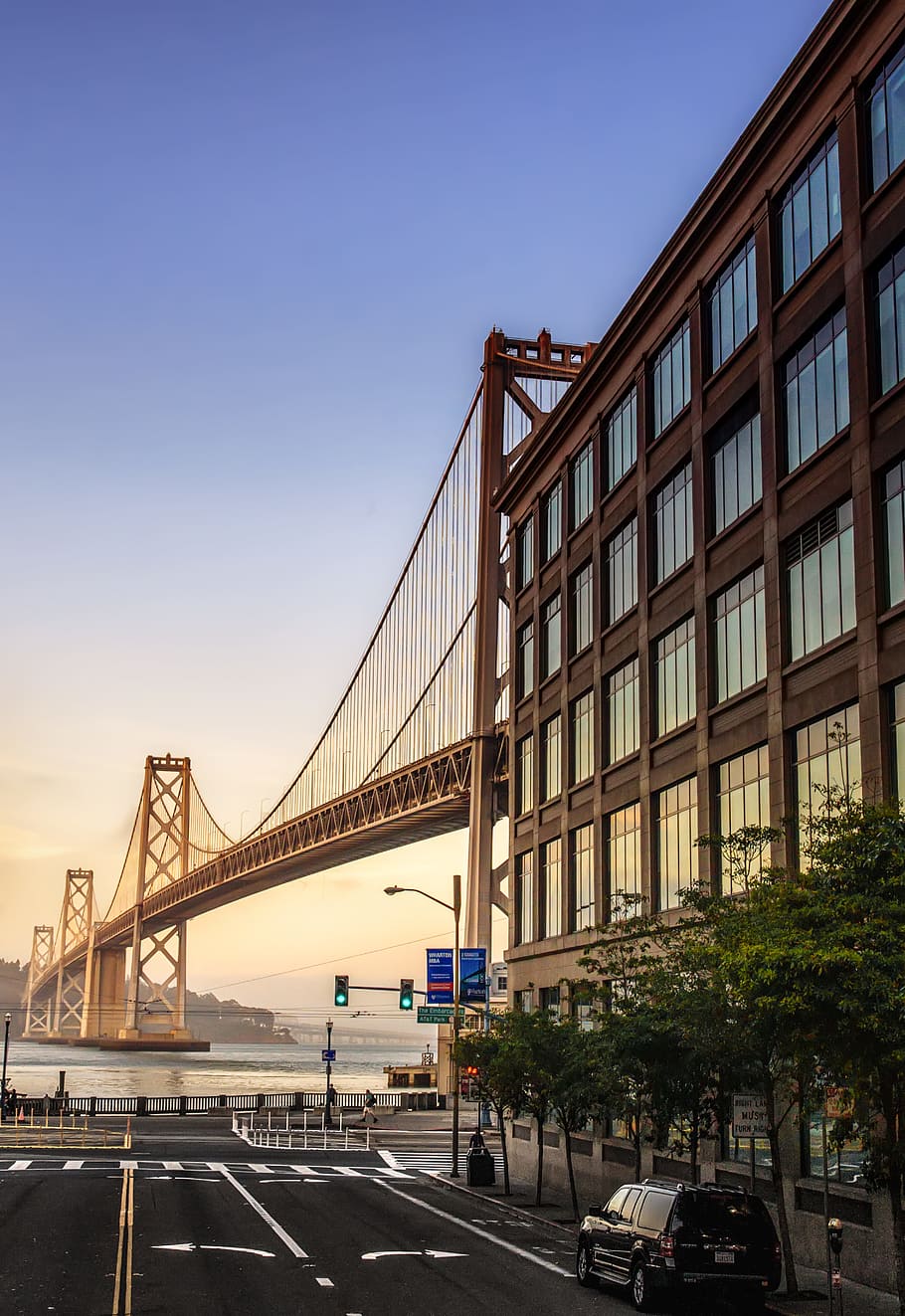 city, road, dawn, water, architecture, bridge, building, downtown HD wallpaper