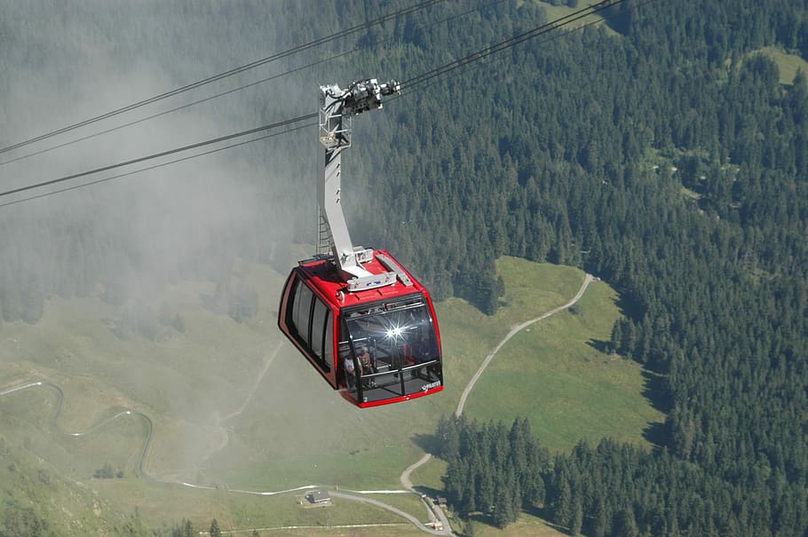 Cable Car, Transport, hanging, transportation, red, nature HD wallpaper