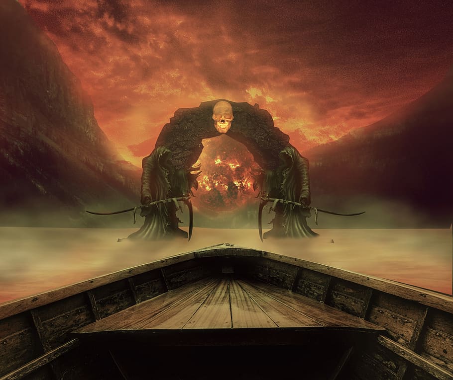 boat in front of skull arch illustration, lake, lacquer, hell, HD wallpaper