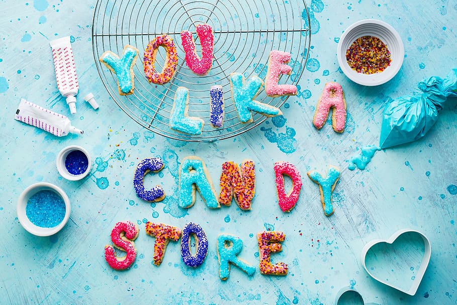 candy, store, sweet, design, art, table, pastry, cookie, high angle view HD wallpaper