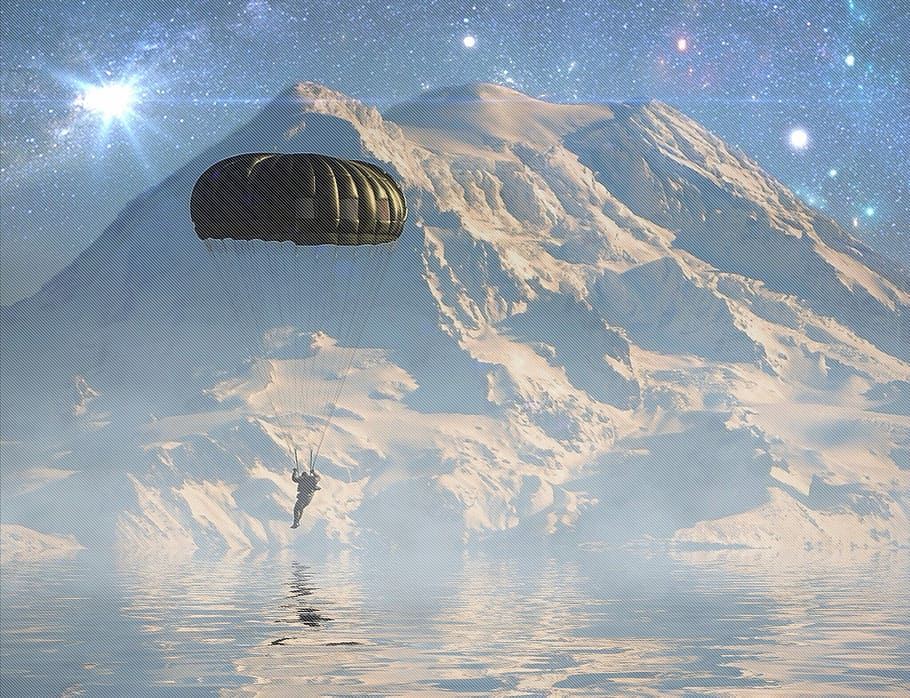 Trooper, Science Fiction, Dropzone, surreal, aliensky, parachute HD wallpaper