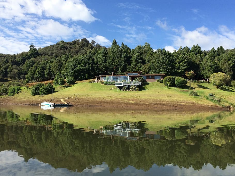 Lake, House, Colombia, Reflection, landscape, tree, sky, cloud - sky HD wallpaper