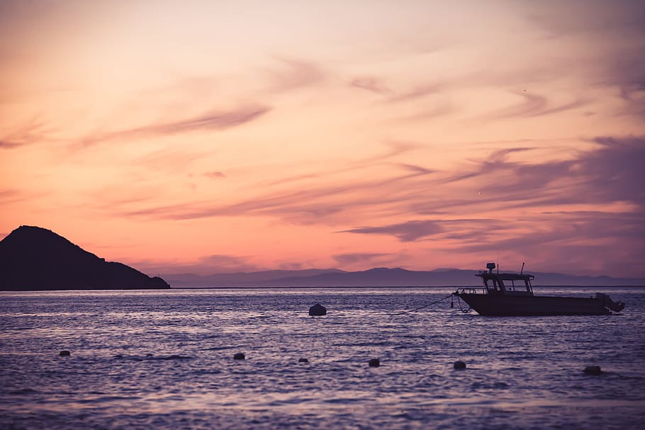 Boat on Sea during Golden Hour, clouds, dusk, evening, evening sky HD wallpaper
