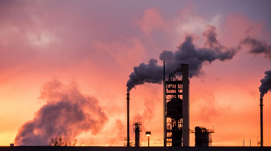 factory blowing smoke during golden hour, Sunset, Refinery, Industrial, Gas