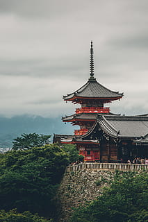 red and gray concrete temple, gray roof building, oriental, architecture HD wallpaper