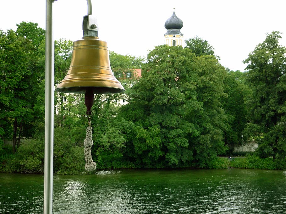 bell, steeple, river, forest, ship, bavaria, bell tower, mirroring HD wallpaper