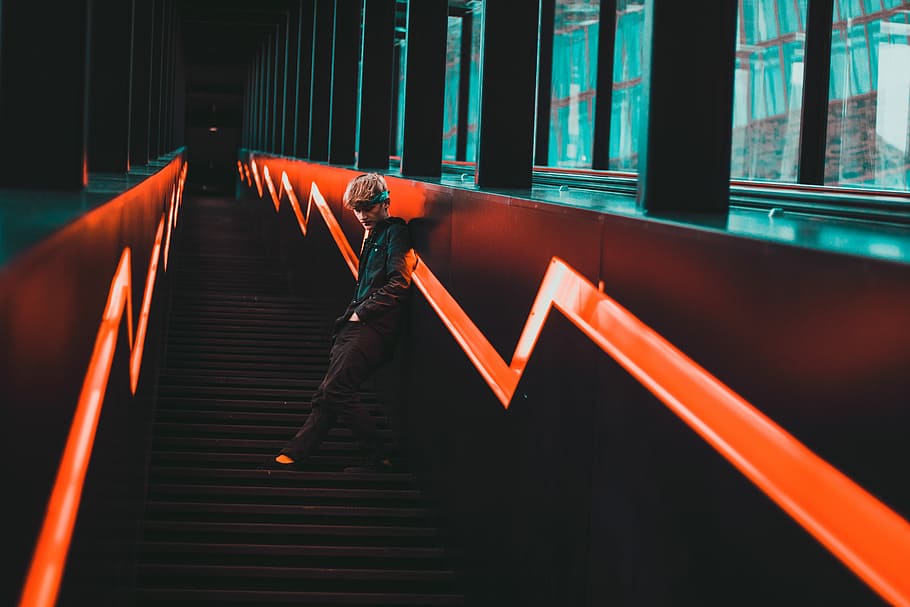 Orange stairs 2.0, man leaning on wall near window, person, steps HD wallpaper