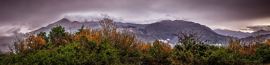 panoramic, mountains, trees, colors, autumn, landscape, red HD wallpaper