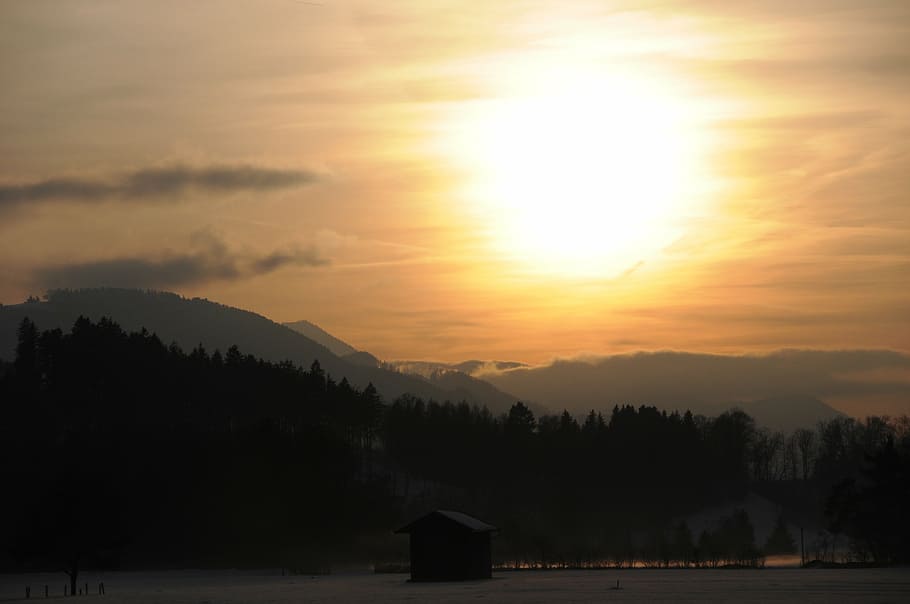 sunset, dusk, mountains, sky, scenics - nature, tree, fog, beauty in nature HD wallpaper