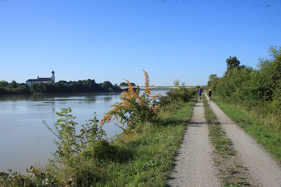 nature, waters, tree, landscape, sky, cyclists, blue sky, scenic HD wallpaper