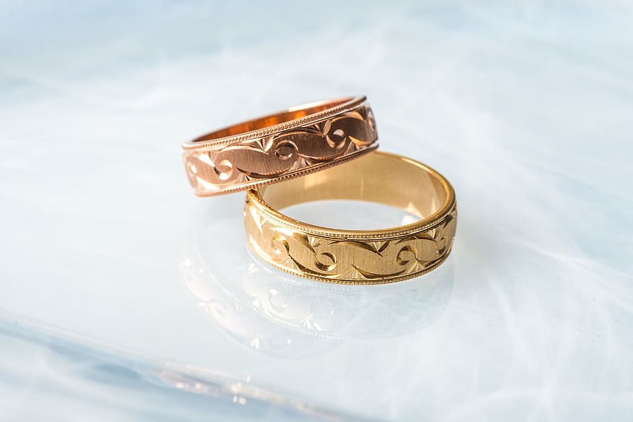 two gold-colored rings, rose gold, wedding, commitment, celebration, HD wallpaper