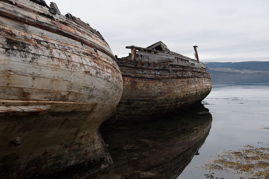 boat, wreck, water, sky, nature, architecture, day, built structure HD wallpaper