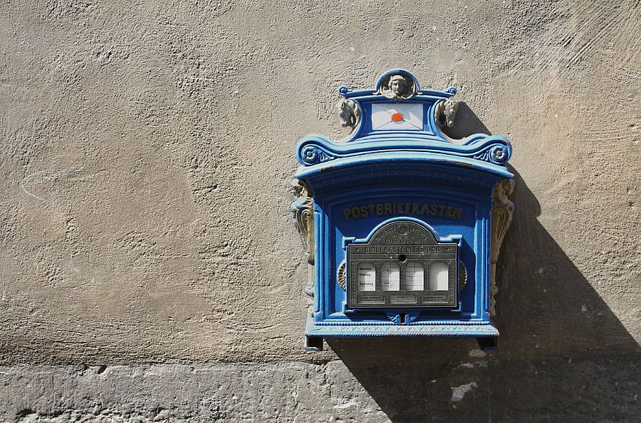 blue mailbox hanged on wall, letter boxes, post, old, würzburg