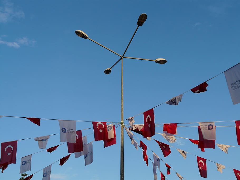 Flags, Pennant, Turkish, Turkey, street lamp, lighting, sky, HD wallpaper