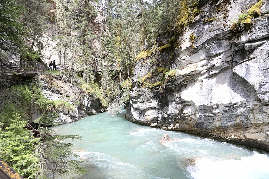 water, nature, river, banff, hike, mountain, rock, rock - object HD wallpaper