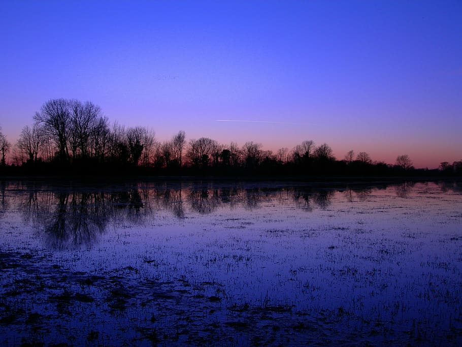 flooding, meadow, winter, reflections, dusk, water, landscape HD wallpaper