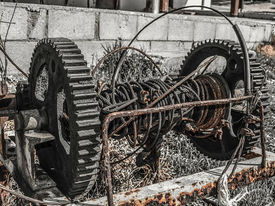 winch, boat winch, rusty, aged, weathered, nautical, gears HD wallpaper
