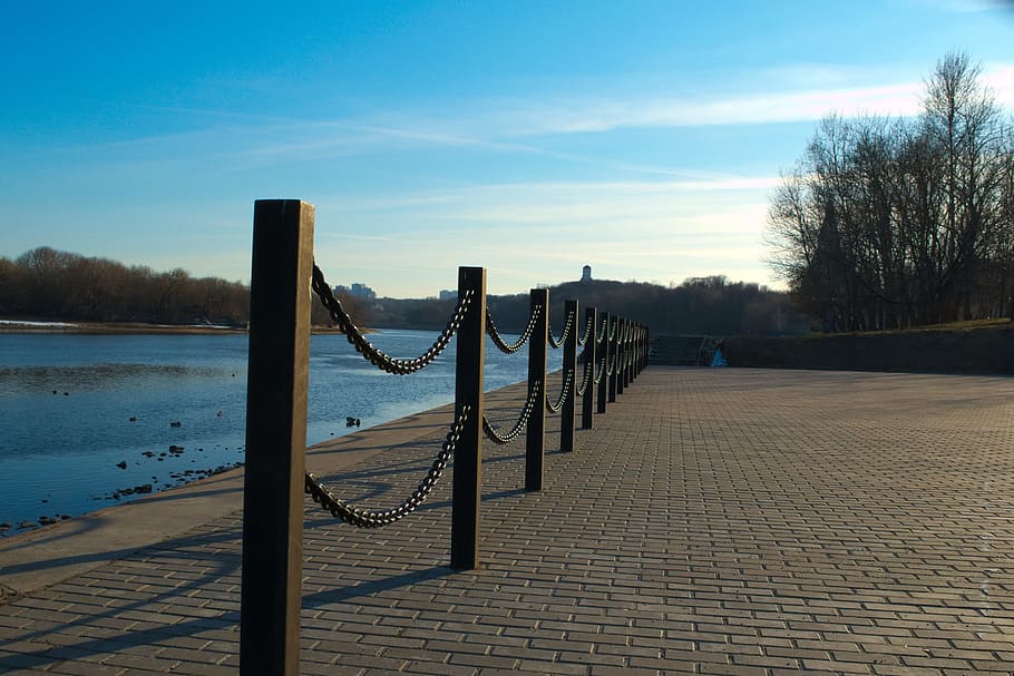 River, Beach, Chain, Fence, Sunset, sky, post, tile, water HD wallpaper