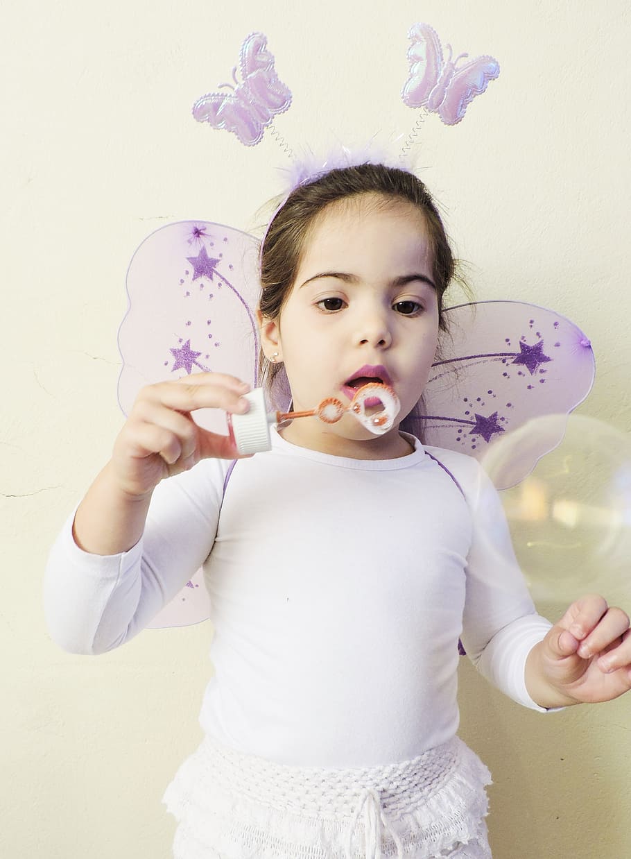 soap bubble, playing, girl, child, fairy, childhood, cute, girls, HD wallpaper