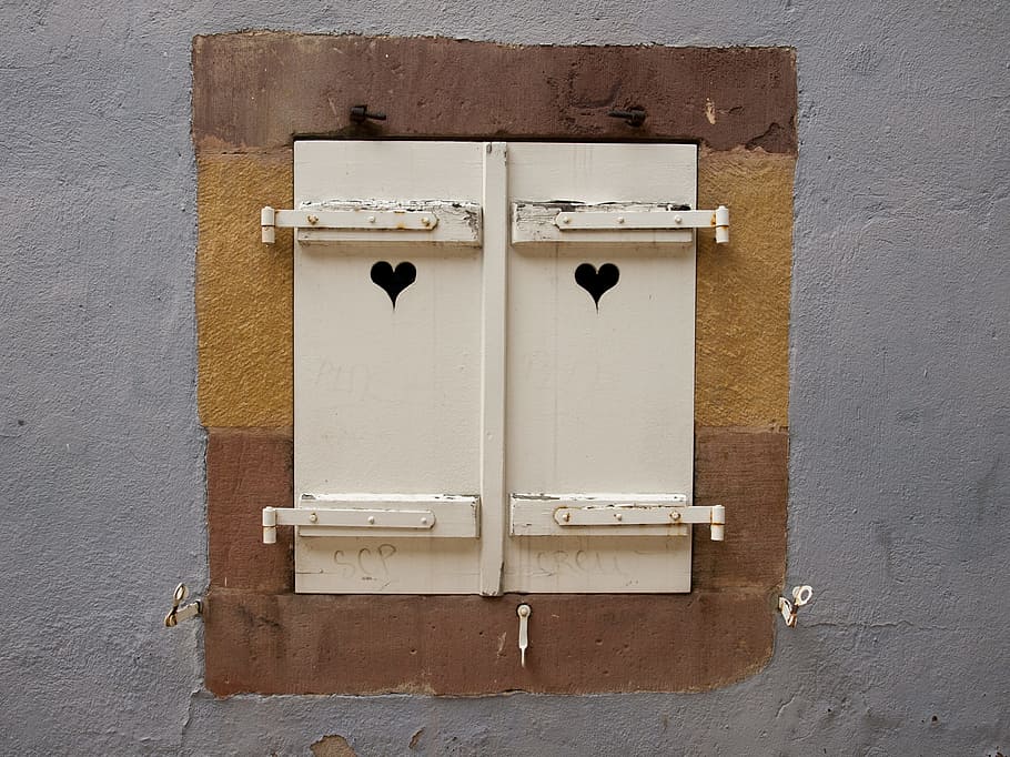 Window, Shutters, Heart, Closed, Stone, wall, white, lock, no people HD wallpaper