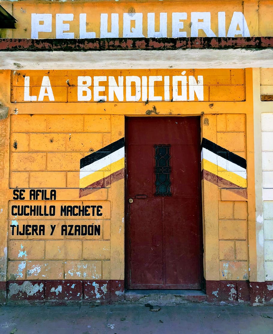 Peluqueria La Bendicion wall art, red steel door is closed, brick, HD wallpaper
