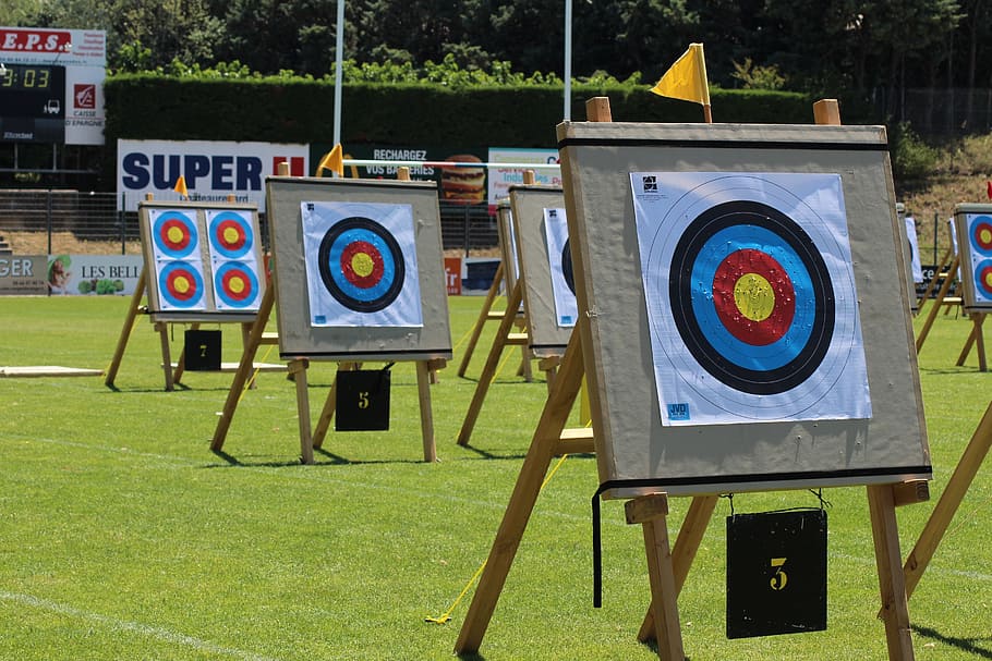 shooting, arc, target, grass, plant, sport, sports target, day HD wallpaper