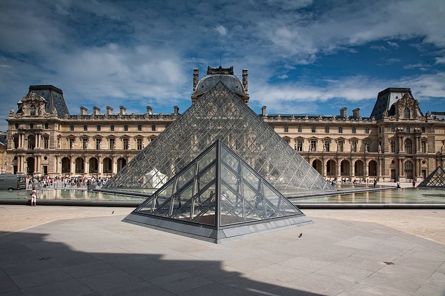 gray concrete building, paris, louvre, pyramid, architecture HD wallpaper