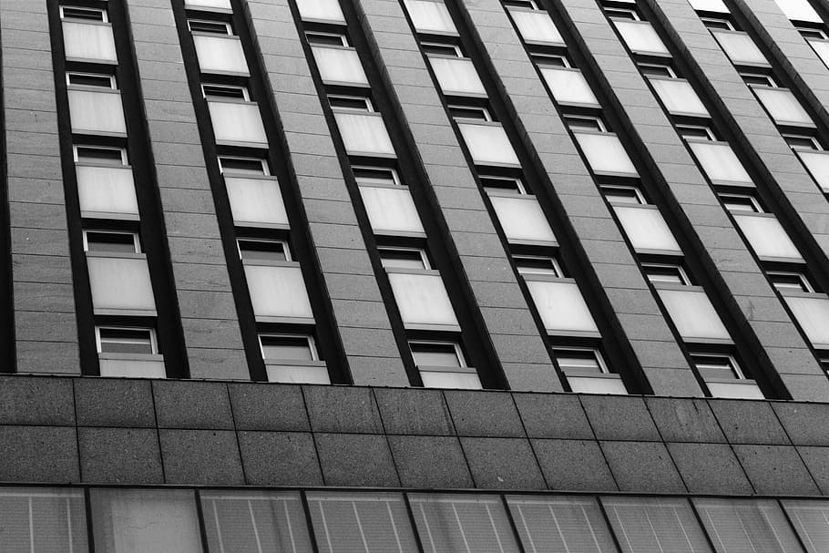 gray concrete multi-storey building, worm's-eye-view of gray concrete building HD wallpaper