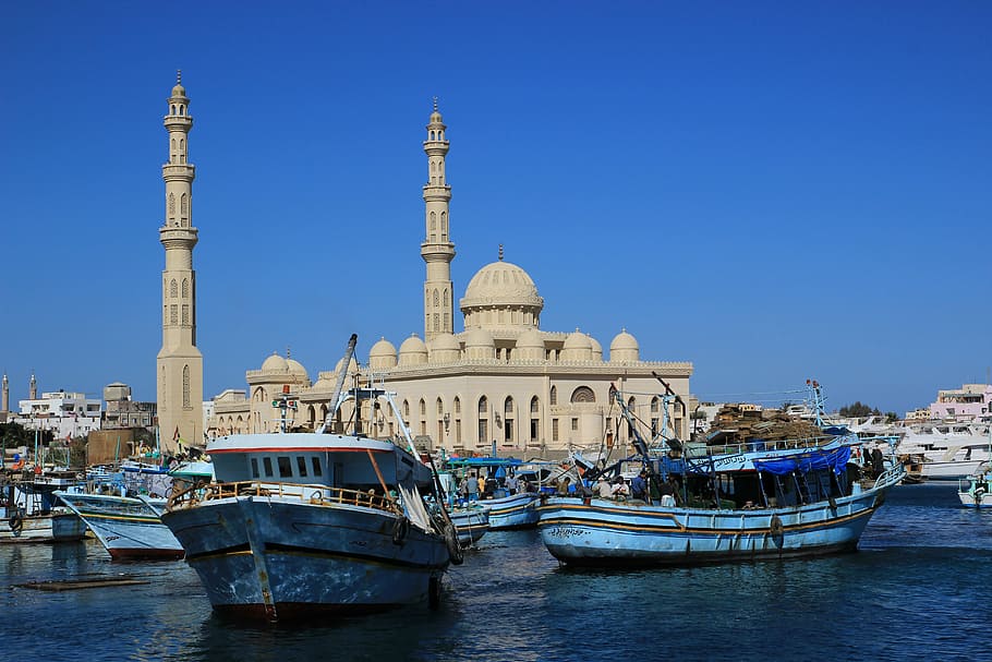 boats near mosque, egypt, hurghada, red sea, port, nautical vessel, HD wallpaper