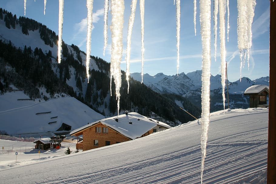mountains, winter, hut, icicle, snow, cold temperature, sky HD wallpaper