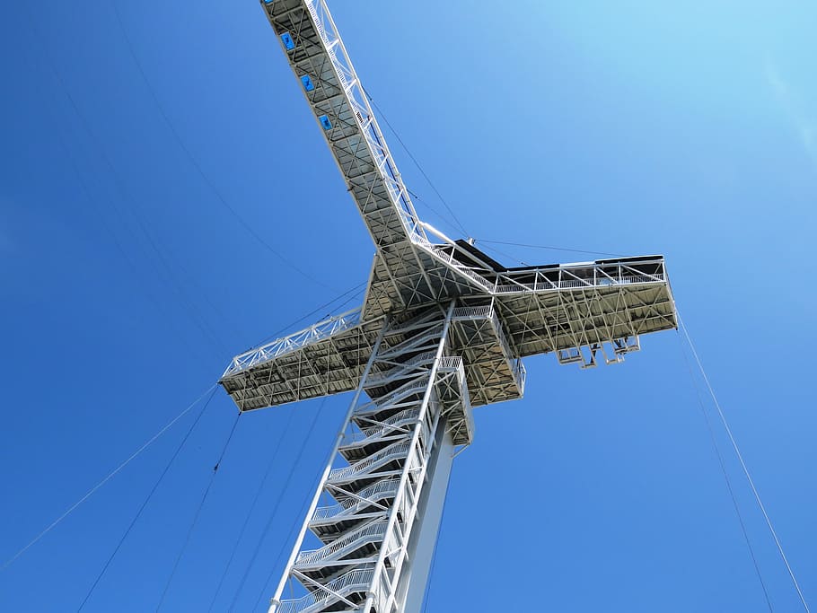 low angle photography of container crane, sky line, blue, tower building, HD wallpaper