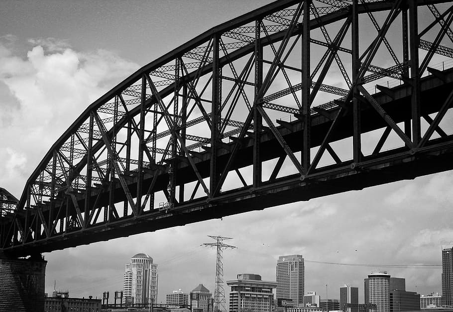 photo of truss bridge, architectural, view, grayscale, photography