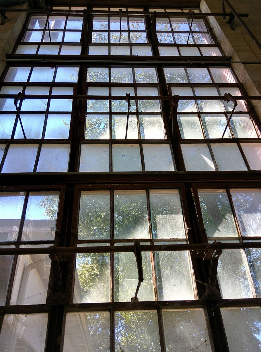 window, old, factory, open, ventilation, iron, low angle view HD wallpaper