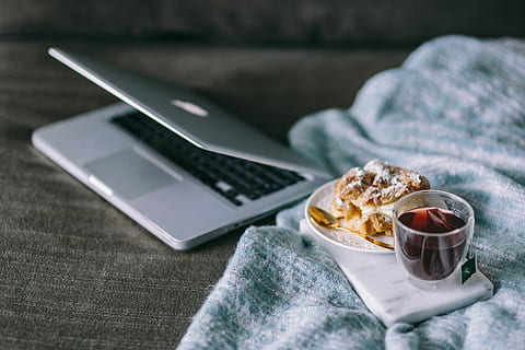 Cup of tea and sweet cake, hot, drink, laptop, computer, technology HD wallpaper