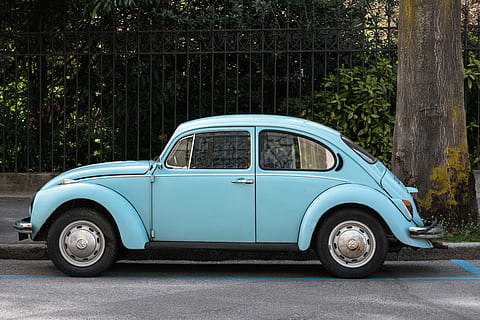 teal Volkswagen Beetle parked beside road, blue Volkswagen Beetle Type-1 parked beside sidewalk with tree HD wallpaper
