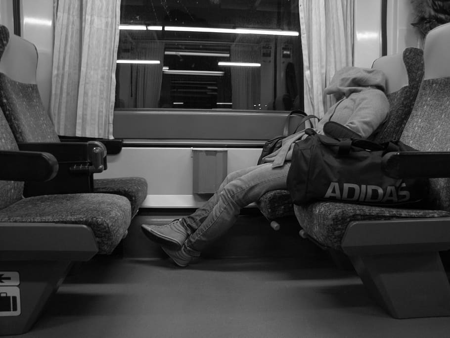 sleep, man, train, calm, rest, seat, sitting, vehicle interior HD wallpaper