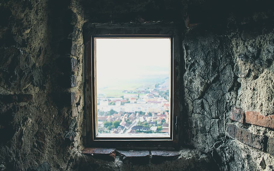 opened brown wooden framed window, closed, clear, glass, bricks HD wallpaper