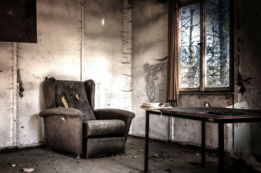 black suede armchair near clear glass window, lost places, room, HD wallpaper