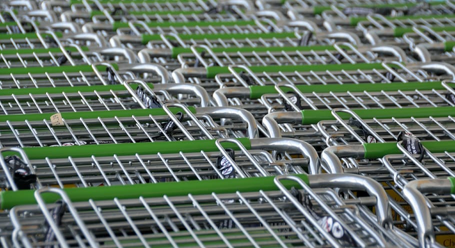 green-and-gray stainless steel shopping cart lot, shopping carts, HD wallpaper