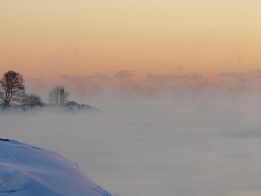 green leaf trees at golden hour, fog, mist, lighthouse, snow HD wallpaper