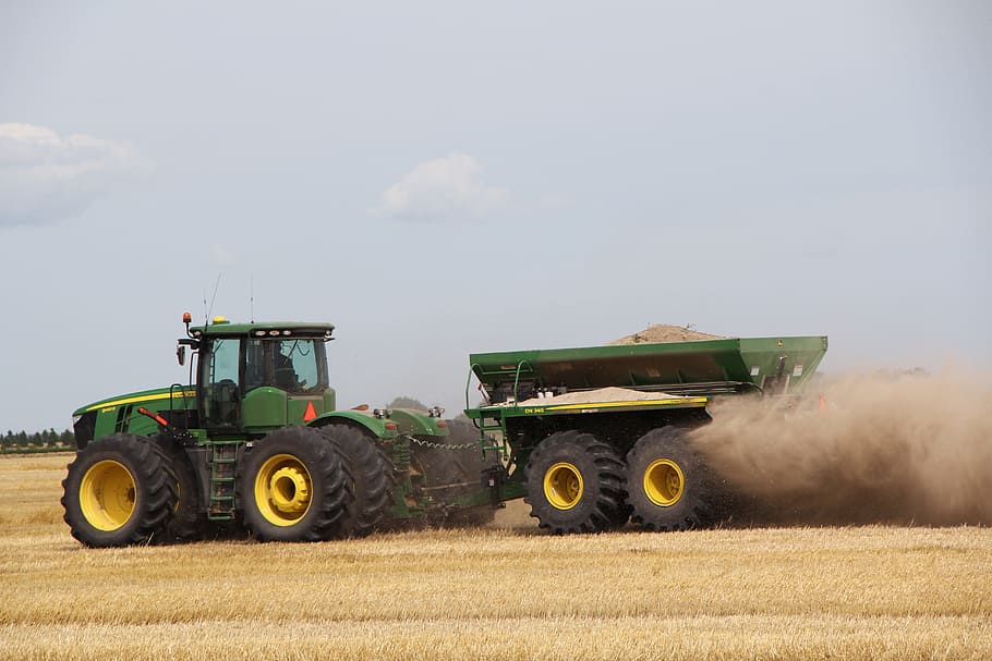 green tractor under blue sky, John Deere, Dust, Wagon, farming HD wallpaper