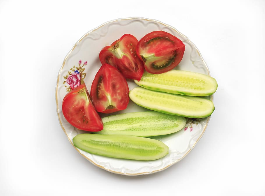 Tomatoes, Cucumbers, Vegetables, green, vitamins, red, lunch HD wallpaper
