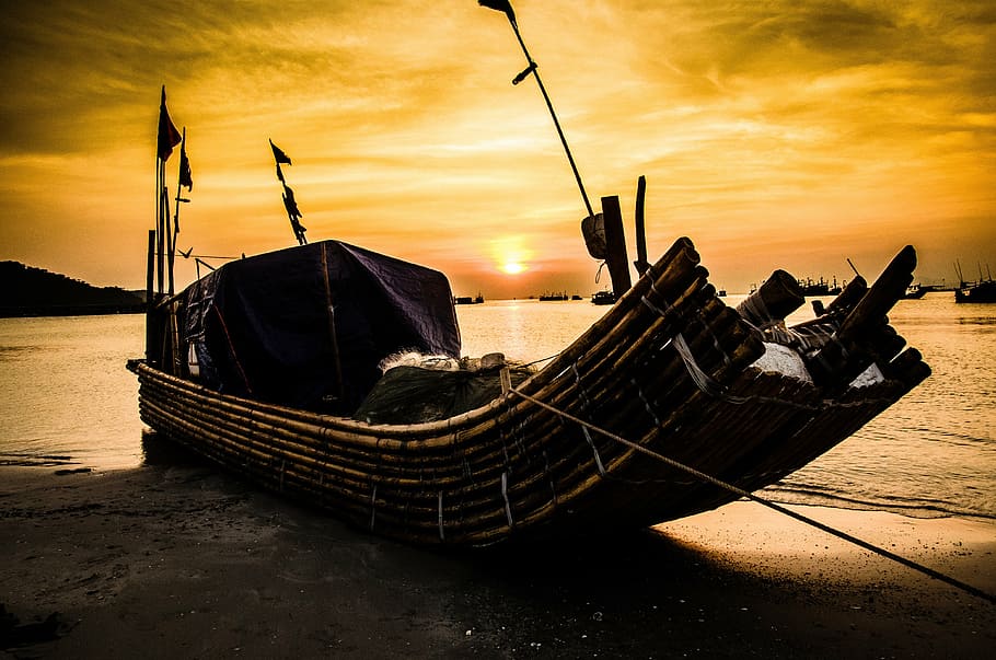 the boat, sunset, light, classic, the sea, the beach, alone, HD wallpaper