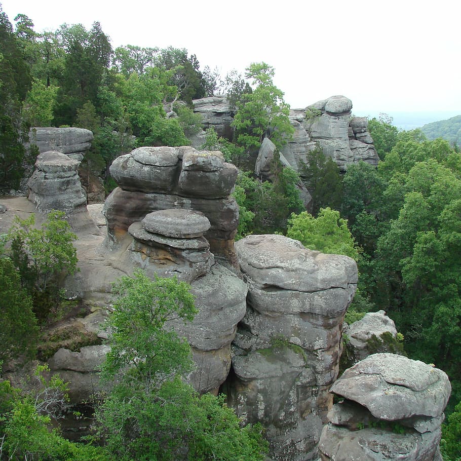rocks, formation, trees, landscape, nature, spring, solid, plant HD wallpaper