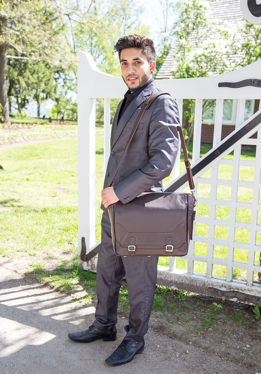 man, bag, executive, briefcase, outdoors, brown, male, standing HD wallpaper