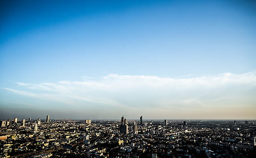 City Horizon Under Clear Skies, architecture, background, blue HD wallpaper