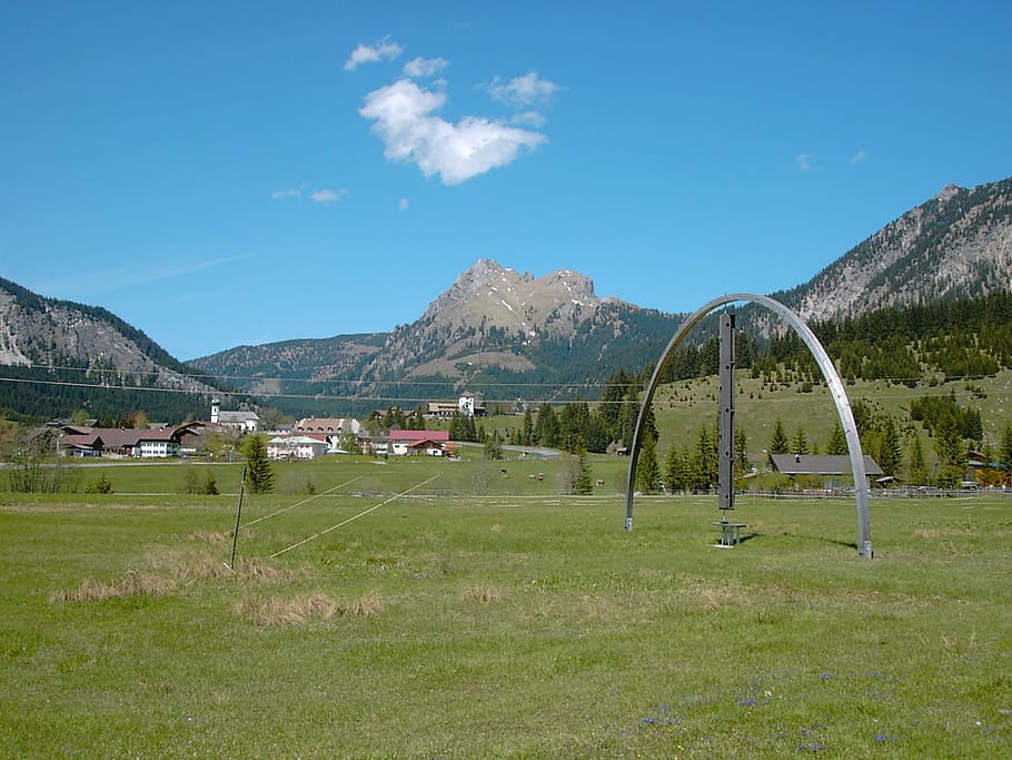 grän, tannheimertal, tyrol, wind harp, meadow, grass, mountains, HD wallpaper